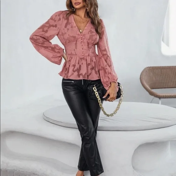 Romantic floral appliqué button detail peplum blouse redwood - Picture 12 of 16